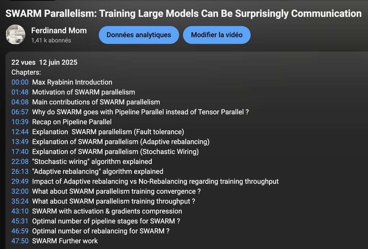 Ferdinand Mom (@ferdinandmom) on Twitter photo The research paper video review on "Swarm Parallelism" along with the author <a href="/m_ryabinin/">Max Ryabinin</a>, Distinguished Research Scientist <a href="/togethercompute/">Together AI</a> is now out ! Link below 👇
For context, most decentralized training today follows DDP-style approaches requiring full model replication on The research paper video review on "Swarm Parallelism" along with the author <a href="/m_ryabinin/">Max Ryabinin</a>, Distinguished Research Scientist <a href="/togethercompute/">Together AI</a> is now out ! Link below 👇
For context, most decentralized training today follows DDP-style approaches requiring full model replication on