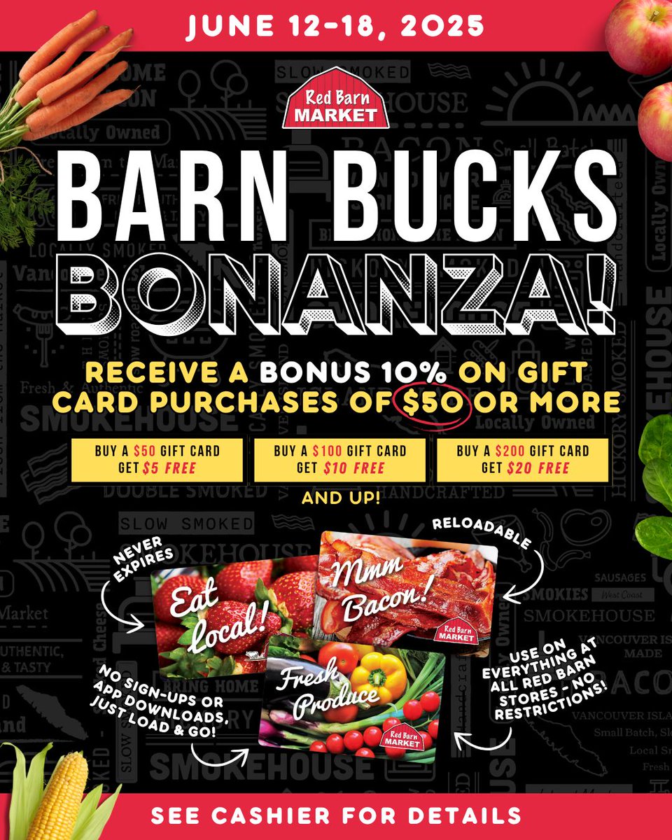 Free Money Alert! 🚨 The Barn Bucks Bonanza is ON NOW!
Buy a $50+ gift card at any Red Barn Market this week and score an extra 10% on us—no sign ups, no catch, just load and go!