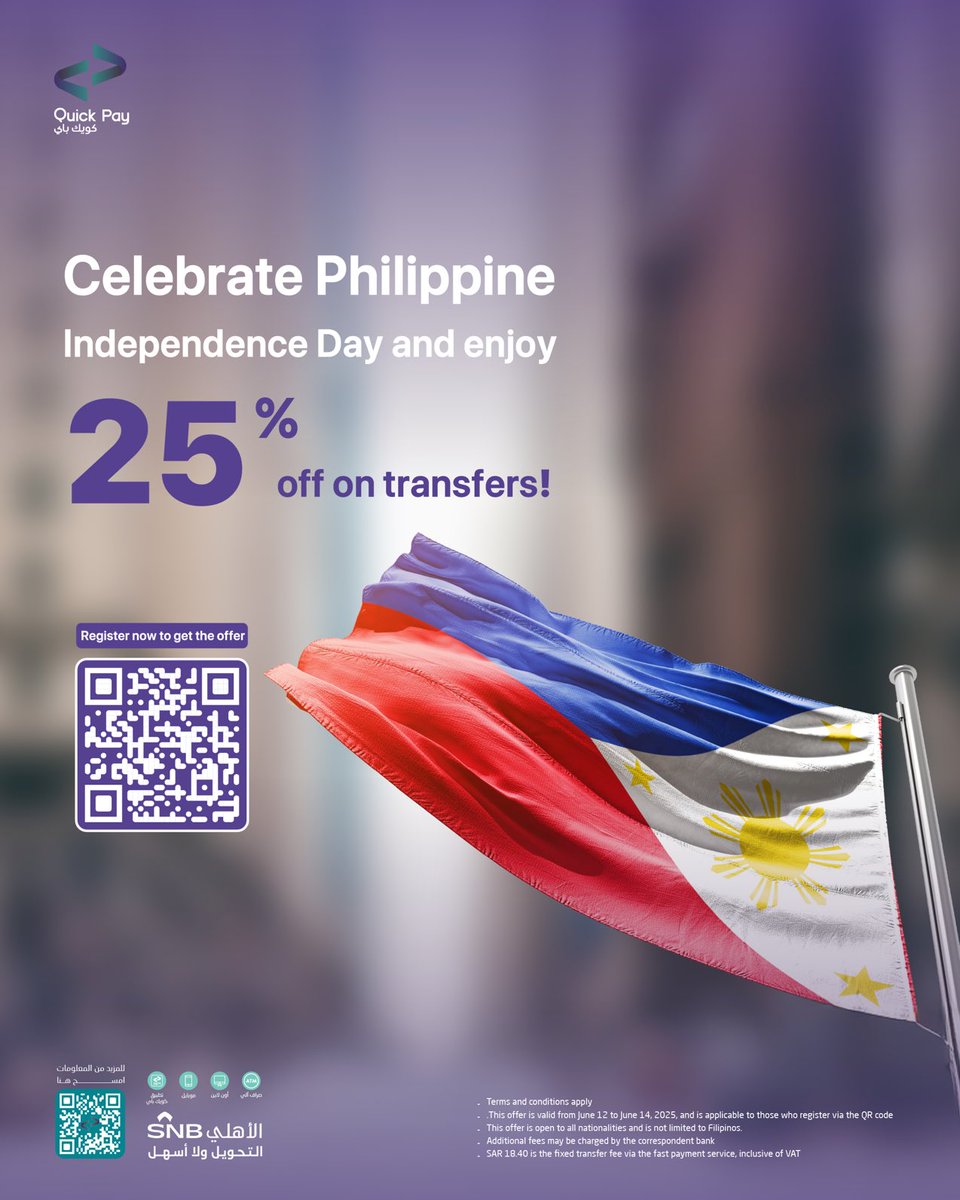 SA_QuickPay's tweet photo. 🇵🇭 Celebrate Philippine Independence Day with Quick Pay
Enjoy 25% off on your transfers👏🏻
📝 Register via the QR code to claim your discount https://t.co/zjjsDwpEY1