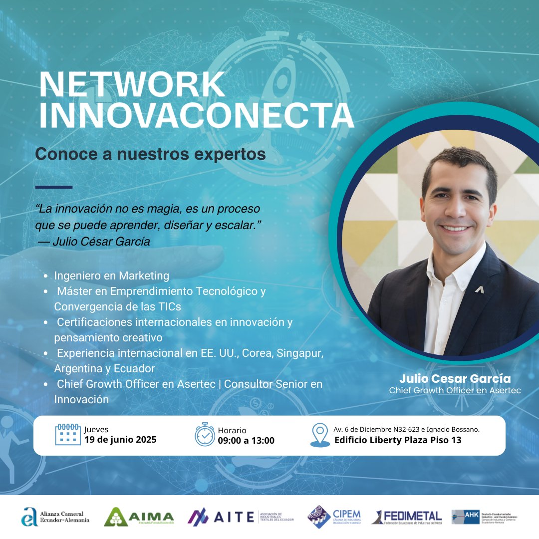 #Network I 👥 Conoce a los instructores del primer encuentro de Innovaconecta: Ecosistemas de Innovación
🚀 3 encuentros únicos. El primero arranca el 19 de junio en Quito.
🎟️ Inversión: $30 por sesión (descuento si adquieres los 3)
🔗 Inscríbete ya: forms.office.com/r/13TvzZ15jc