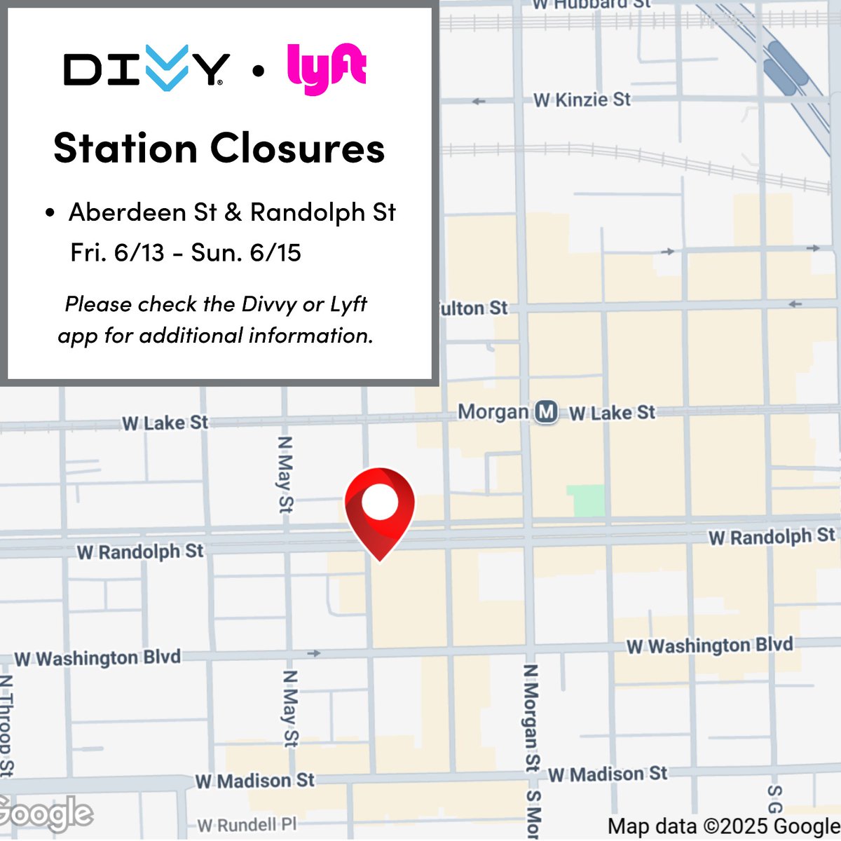 🍴🎵  Rolling into Taste of Randolph this weekend? Heads up: the Divvy station at Aberdeen St &amp; Randolph St will be closed Fri 6/13 – Sun 6/15 for the festival.

Check the Divvy or Lyft app for system updates. 🚲💨

#TasteOfRandolph #Divvy #BikeCHI