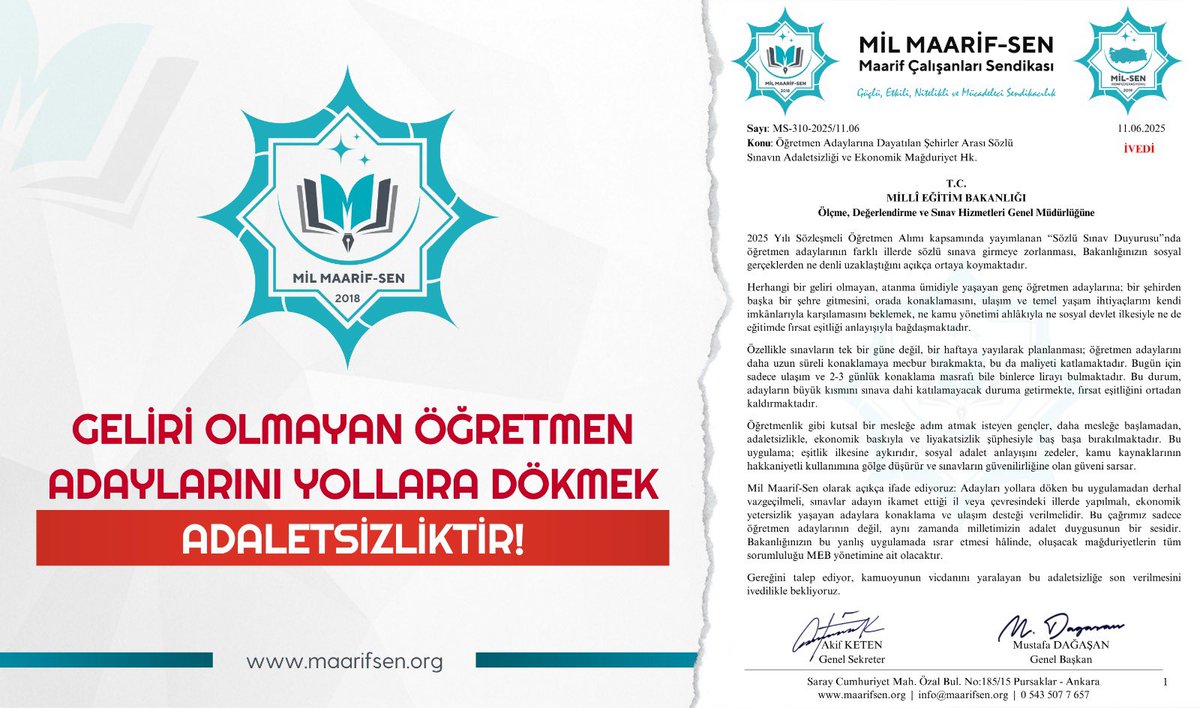 📢 Hiçbir geliri olmayan öğretmen adaylarını şehir şehir gezdirip ulaşım ve konaklama masrafını sırtlarına yüklemek adaletsizliktir! Bu yük adayın değil, MEB’indir!
\#Mülakat #MaarifSen maarifsen.org/geliri-olmayan…