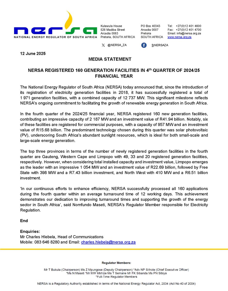 Media Statement -  NERSA registered 160 generation facilities in the fourth quarter of the 2024/25 financial year.