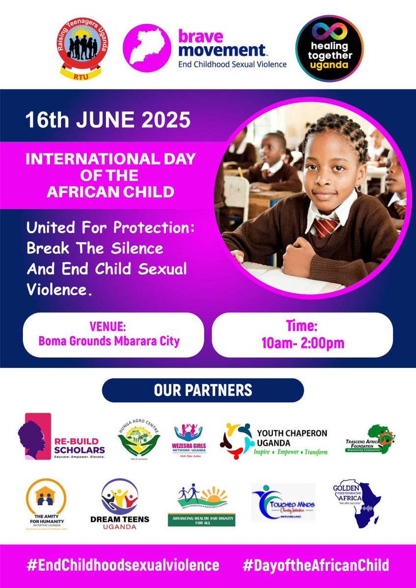 On June 16th in Mbarara, <a href="/healing_uganda/">Healing Together Uganda</a> will  host <a href="/BebraveUganda/">Brave Movement Uganda</a> members for crucial event on the  #DayoftheAfricanChild.
We're uniting to demand communities, companies &amp; stakeholders make homes SAFE for children.
Together, let's #BeBrave for their protection.
<a href="/BeBraveGlobal/">Brave Movement</a>