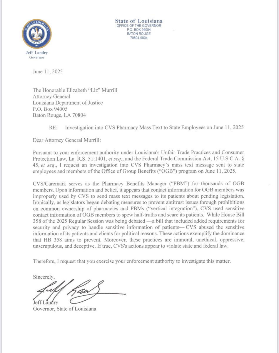 Governor Jeff Landry (@lagovjefflandry) on Twitter photo CVS Pharmacy’s mass text message yesterday is the exact reason we need HB 358 to pass.
Abusing patient’s sensitive information to push a political message is completely unethical and manipulative and we will not stand for it.
I’m calling on <a href="/AGLizMurrill/">Attorney General Liz Murrill</a> to investigate this CVS Pharmacy’s mass text message yesterday is the exact reason we need HB 358 to pass.
Abusing patient’s sensitive information to push a political message is completely unethical and manipulative and we will not stand for it.
I’m calling on <a href="/AGLizMurrill/">Attorney General Liz Murrill</a> to investigate this