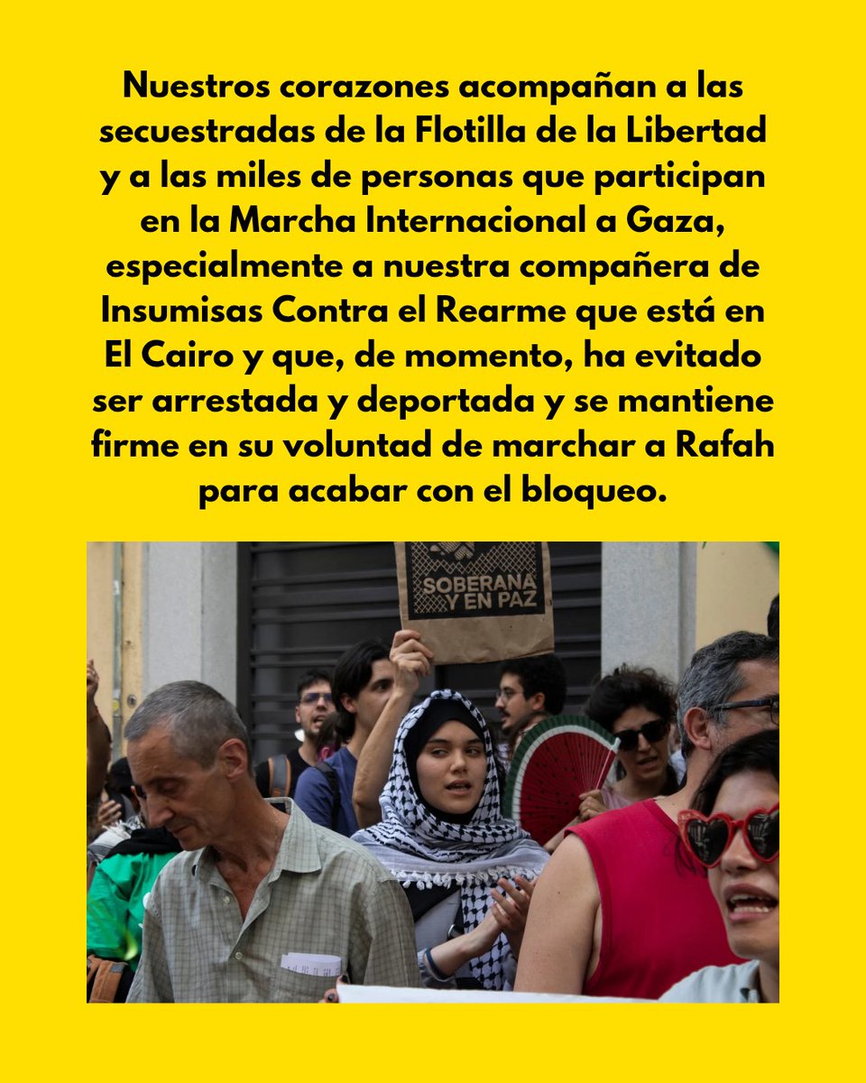 ✊🏽💥 Desde Insumisas Contra el Rearme abrazamos y apoyamos a quienes, pese al miedo y los riesgos, en un ejercicio de solidaridad internacionalista, ponen el cuerpo para participar en los intentos populares de ruptura del bloqueo en Gaza. 
#FreePalestine