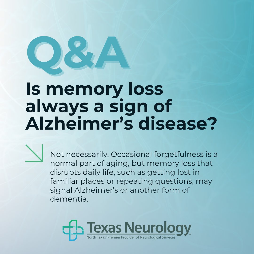 TexasNeurology's tweet image. Not all memory loss means Alzheimer’s disease, but it’s important to know the difference. Forgetting names occasionally could be normal while forgetting how to get home is more of a red flag. Seek medical attention if you notice significant memory loss. #AlzheimersAwareness