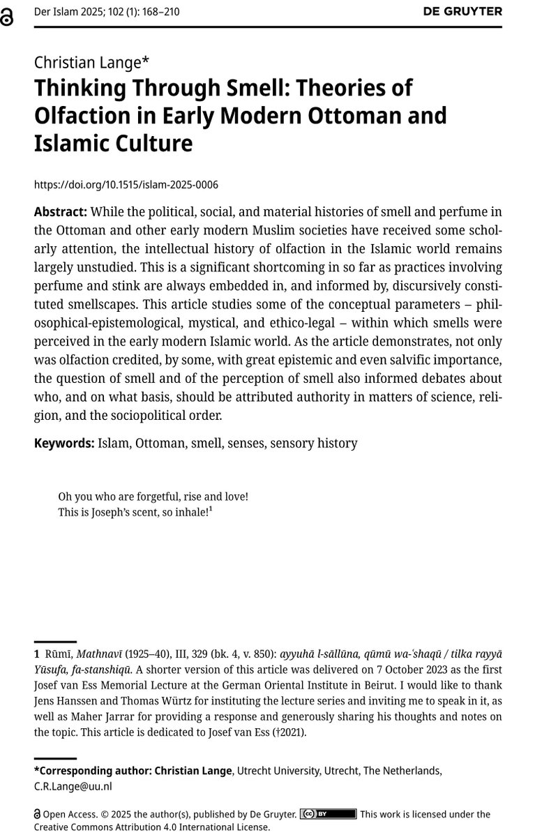 khalidsyossef's tweet photo. #OpenAccess
#Article
Thinking Through Smell
Theories of Olfaction in Early Modern Ottoman and Islamic Culture
Christian Lang
Der Islam, Volume 102 Issue 1,  2025
https://t.co/0LTtBjuGTg
PDF 🎯
https://t.co/VKiLNGtI75 https://t.co/LqnKec7OJk