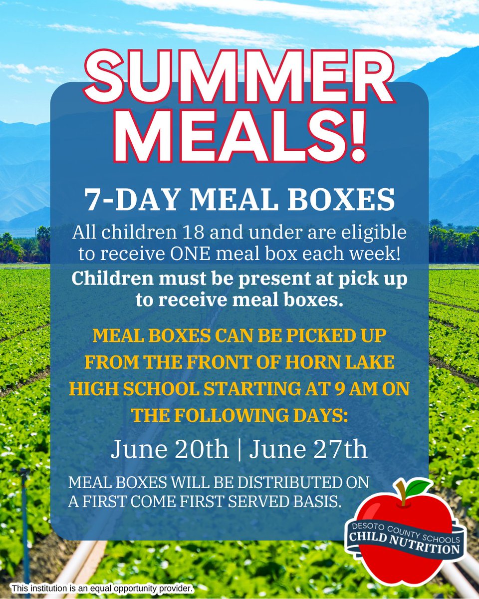 We’re ready to serve up some delicious meals this summer! 🍉 Remember, children and teens 18 and under must be present to receive their free 7-day meal boxes. Come on by Horn Lake High School at 9 am on June 20th and grab yours! 🏖️😋

<a href="/DCSeNews/">DCS News</a> #TeamDCS #DeSotoMS