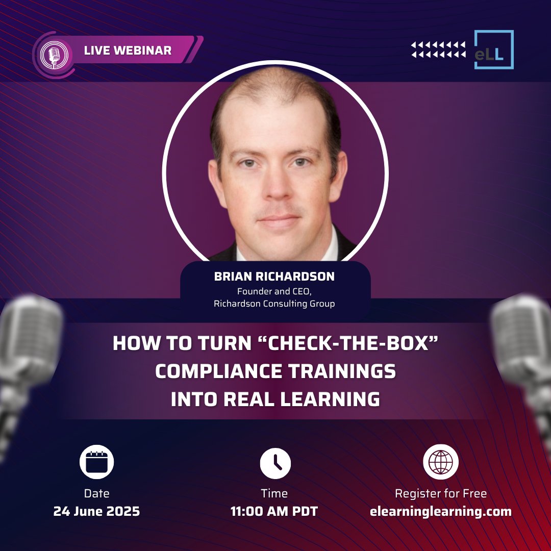 elearningPosts's tweet image. Join #learning design expert @briandrichardso to learn how to breathe new life into your #ComplianceTraining. We&apos;ll explore innovative strategies to bring traditionally dry topics to life, making them resonate with learners: shorturl.at/k6At3

Sponsor: @SAI_Compliance