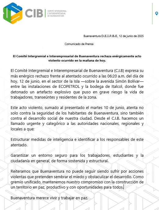 Desde el #CIB nos rechazamos los actos de violencia que afectan a la población de #Buenaventura