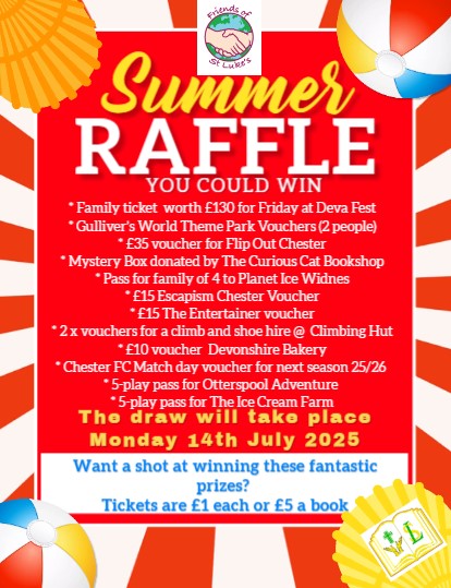 Raffle tickets have been sent home with the children today. Please send any money, stubs, and unused raffle tickets to the school office. Additional tickets can also be obtained from the office <a href="/stlukesfrodsham/">Frodsham St. Luke's Catholic Primary School</a>