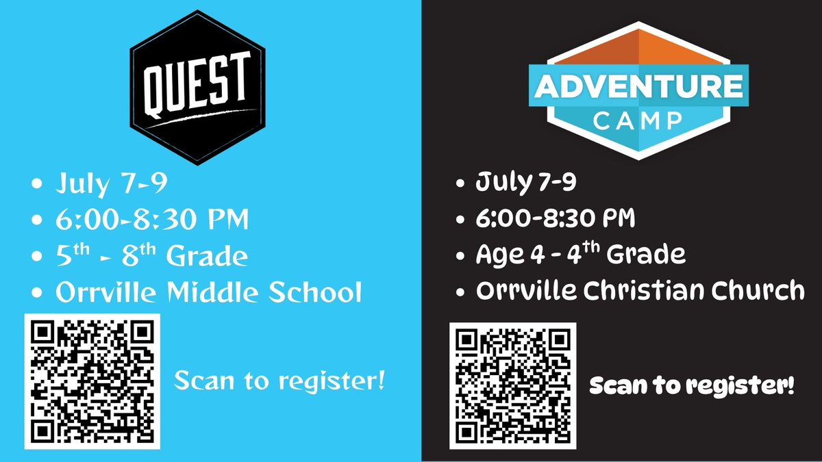 OCCIMPACT's tweet photo. It's time to register for Adventure Camp (age 4-4th grade) and Quest (grades 5-8)! Both events run from July 7-9 from 6:00 - 8:30 pm. Visit https://t.co/vlt33kKPEB to sign up and avoid the lines! https://t.co/wloTXAs4Ik
