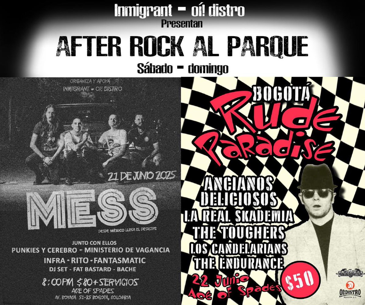 ¡After rock al parque! 
Primero <a href="/mess/">𝖕𝖎𝖊𝖙𝖊𝖗</a>.82 desde México 🇲🇽 el 21 de Junio! Y al otro día Rude Paradise para terminar bailando la noche!  
BOLETERÍA DISPONIBLE 
Puntos habilitados:
<a href="/oi/">oi</a>.distro.oficial 
@lavalijadefuego 
<a href="/p/">P.</a>.m.a_store 
@sinfronterasdiscos