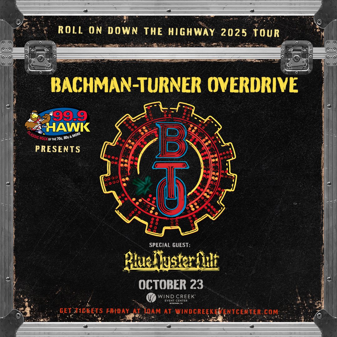 99.9 THE HAWK PRESENTS 𝗕𝗔𝗖𝗛𝗠𝗔𝗡 𝗧𝗨𝗥𝗡𝗘𝗥 𝗢𝗩𝗘𝗥𝗗𝗥𝗜𝗩𝗘 and 𝗕𝗟𝗨𝗘 𝗢𝗬𝗦𝗧𝗘𝗥 𝗖𝗨𝗟𝗧! Coming to the @WindCreekEventCenter on October 23rd! 
🎫HAWK Ticket Presale happening NOW! Use code: DRIVE
🎫PUBLIC ON-SALE Friday at 10am  #BTO #BOC