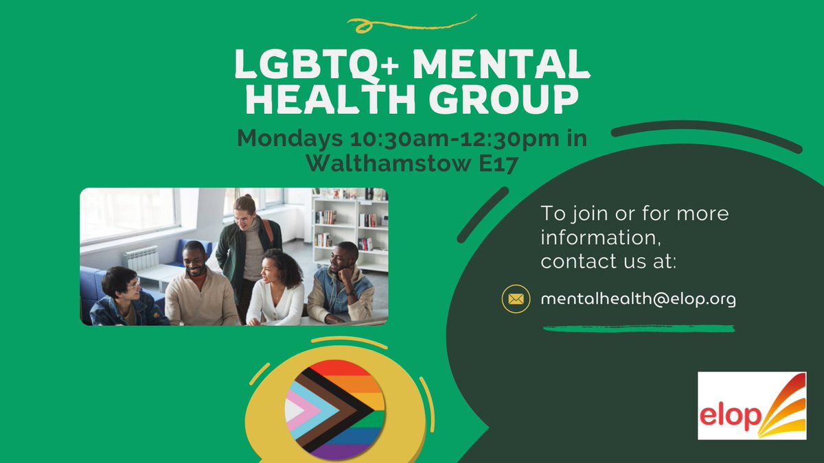 ๐ณ๏ธโ๐elop LGBT mental health and wellbeing (@elop_lgbt) on Twitter photo Struggling with your mental health? Feeling lonely or isolated?
Join ReCharge โ elop's LGBTQ+ Mental Health Support Group!
๐Walthamstow E17
๐ฅ Mondays, 10:30amโ12:30pm
๐ง mentalhealth@elop.org for info/sign-up
#LGBTQSupport
<a href="/mindchwf/">Mind in the City, Hackney and Waltham Forest</a> | <a href="/CharitySANE/">SANE | Changing mental health for good</a> | <a href="/mentalhealth/">Mental Health Foundation</a> Struggling with your mental health? Feeling lonely or isolated?
Join ReCharge โ elop's LGBTQ+ Mental Health Support Group!
๐Walthamstow E17
๐ฅ Mondays, 10:30amโ12:30pm
๐ง mentalhealth@elop.org for info/sign-up
#LGBTQSupport
<a href="/mindchwf/">Mind in the City, Hackney and Waltham Forest</a> | <a href="/CharitySANE/">SANE | Changing mental health for good</a> | <a href="/mentalhealth/">Mental Health Foundation</a>