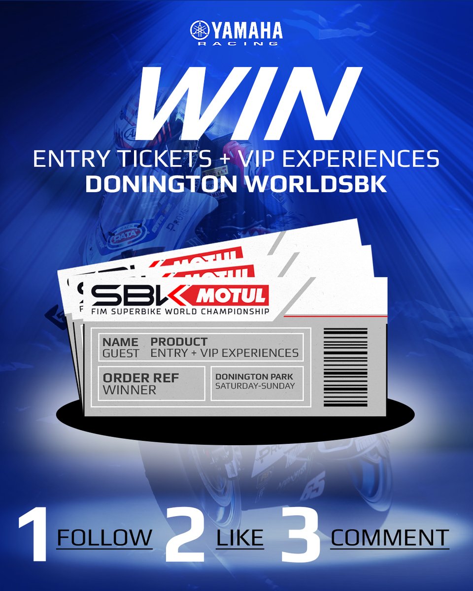 We’re giving away five sets of weekend tickets (Saturday+Sunday), including various VIP experiences for the upcoming World Superbike weekend at Donington Park on 11-13 July! 🏆💨

To Enter:

1️⃣ LIKE this post
2️⃣ FOLLOW <a href="/YamahaRacingUK/">Yamaha Racing UK</a> 
3️⃣ COMMENT your favourite Yamaha WSBK rider