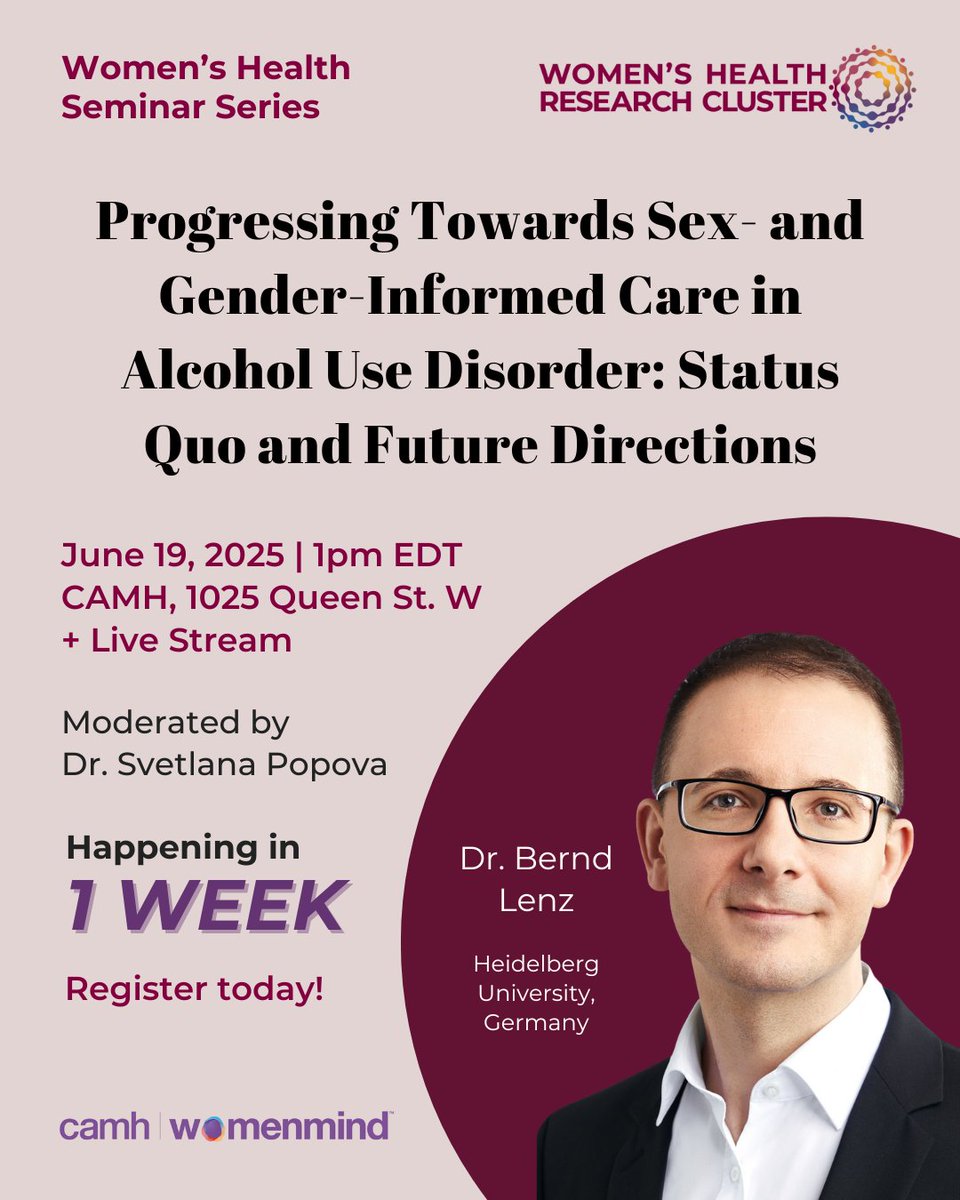 ResearchonWH's tweet image. FINAL call! 1 week left! Dr. Bernd Lenz on sex/gender & #AlcoholUseDisorder, June 19 1 PM EDT. Register before it’s too late 👉 ow.ly/SJj350W0lGU #WomensHealth #WHSS
#womenmind