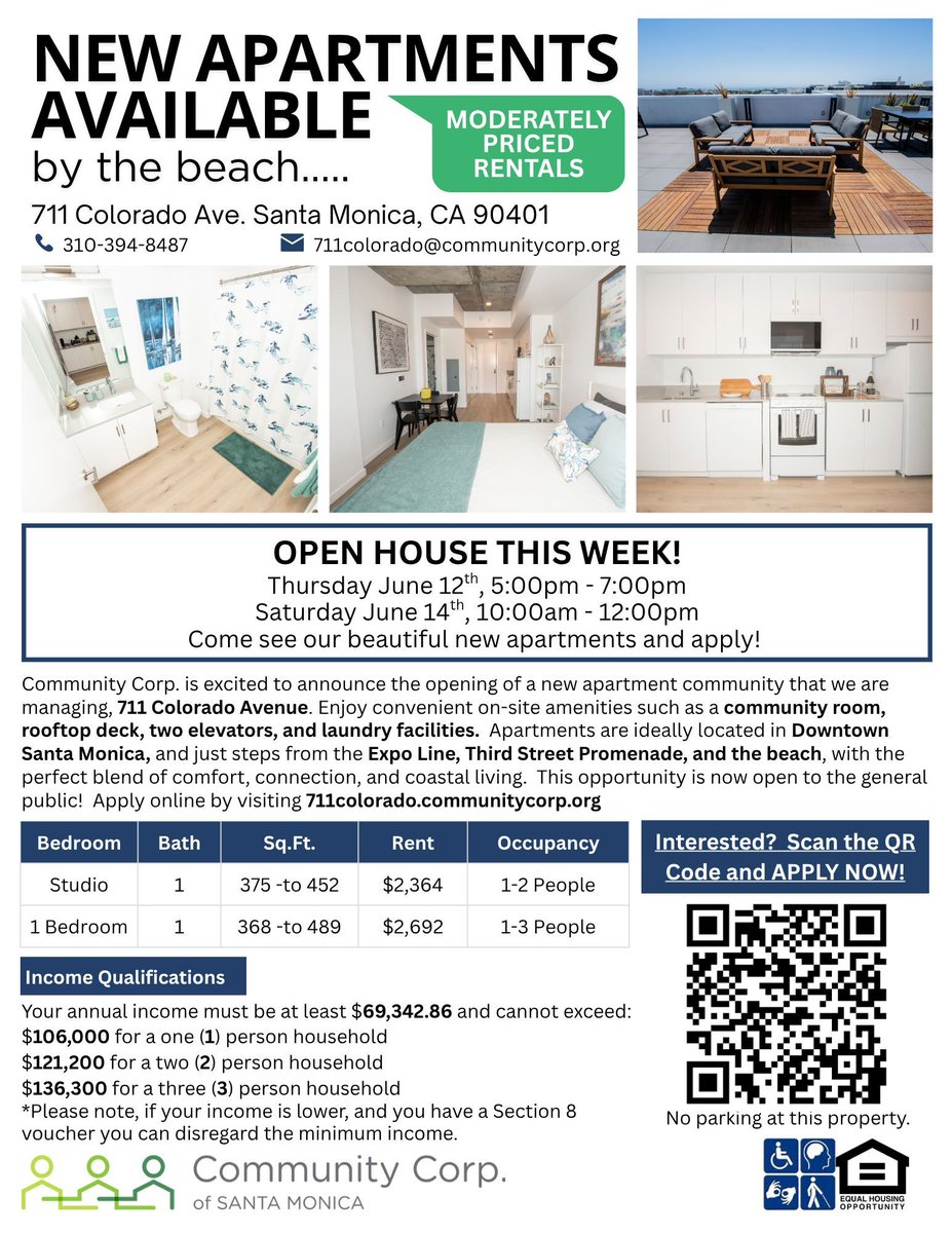 Community Corp. is hosting an open house for our new apartment community at 711 Colorado Ave. in Santa Monica! Join us today from 5–7 p.m. or Saturday, June 14, from 10 a.m.–noon to tour the apartments. See the flyer for details, including income qualifications.