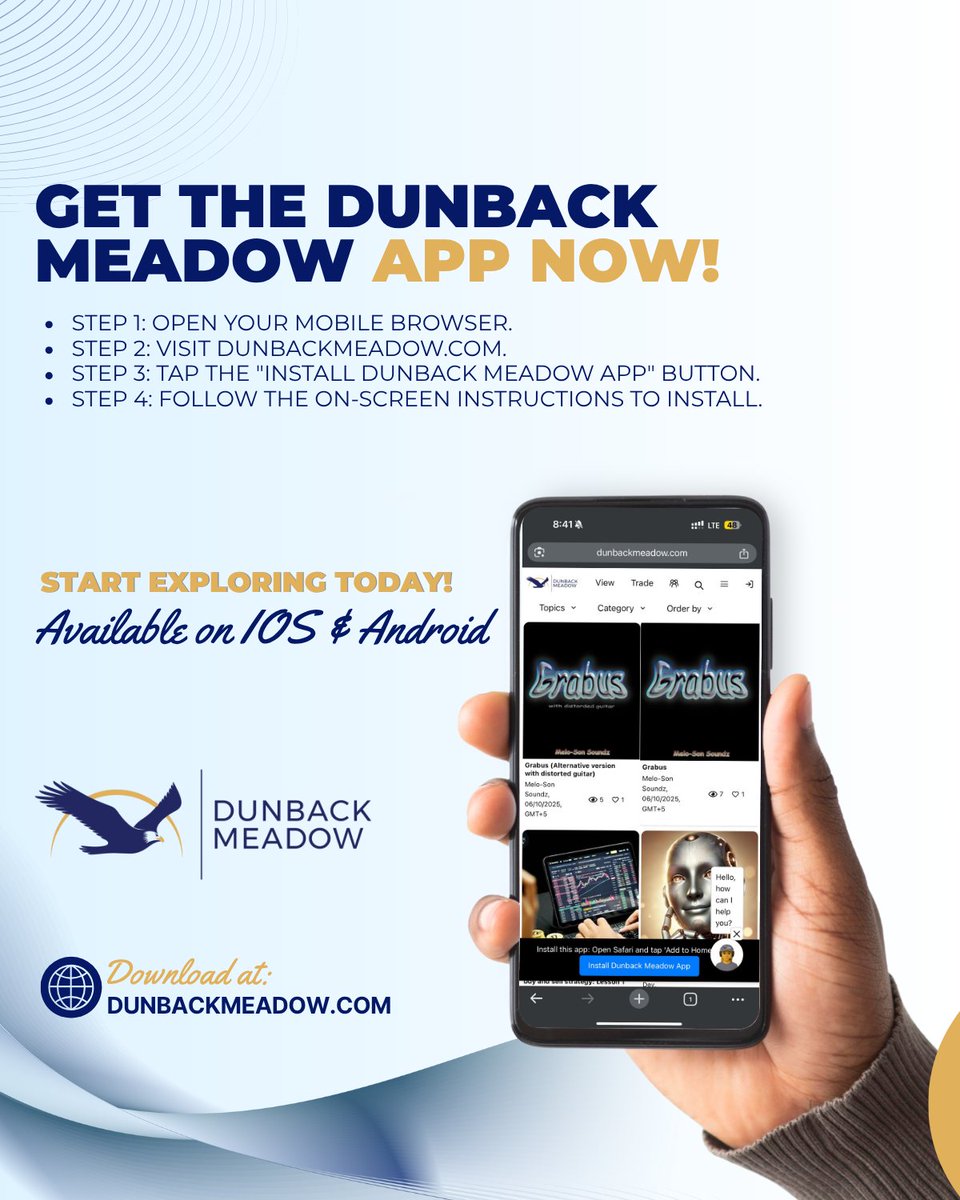 dunbackmeadow's tweet image. 🚀 Dunback Meadow, now on your phone.
Visit DunbackMeadow.com on mobile, tap “Install”, and you’re in.
Access your content, agents &amp;amp; community — anywhere, anytime. 🌿

#DunbackMeadow #WebApp #CreateOnTheGo #AIForCreators #OwnCreateTrade #Web3