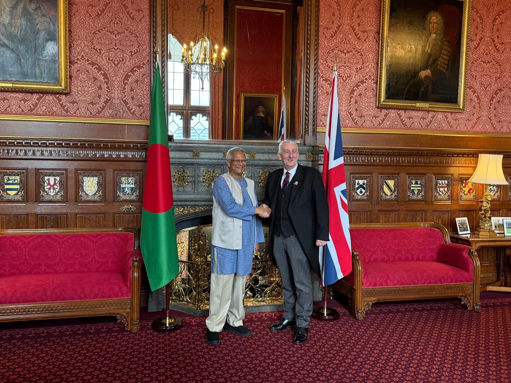 ChiefAdviserGoB's tweet photo. Chief Adviser Professor Muhammad Yunus meets Sir Lindsay Hoyle, Speaker of the UK House of Commons, in Westminster, London, on Thursday. https://t.co/FpwDRiBoGr