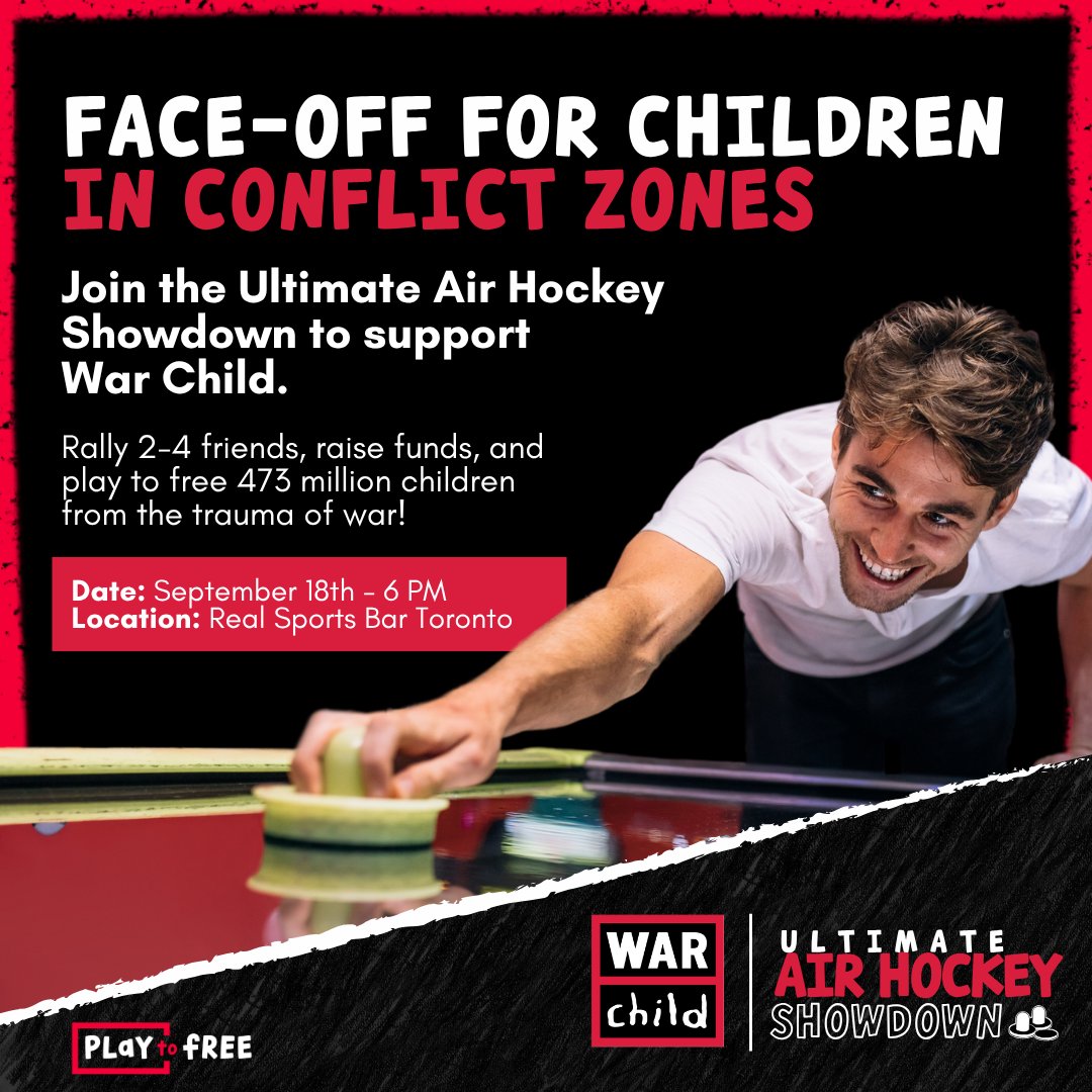 Ready to make a difference, Toronto? Join us Sept 18 for the #UltimateAirHockeyShowdown at @RealSports! Play, fundraise, &amp; team up with celebs like @DaveHodgeSC &amp; NHL alumni while supporting @WarChildCAN.🏒
👕 Exclusive perks await! Reserve your spot: warchild.ca/airhockey