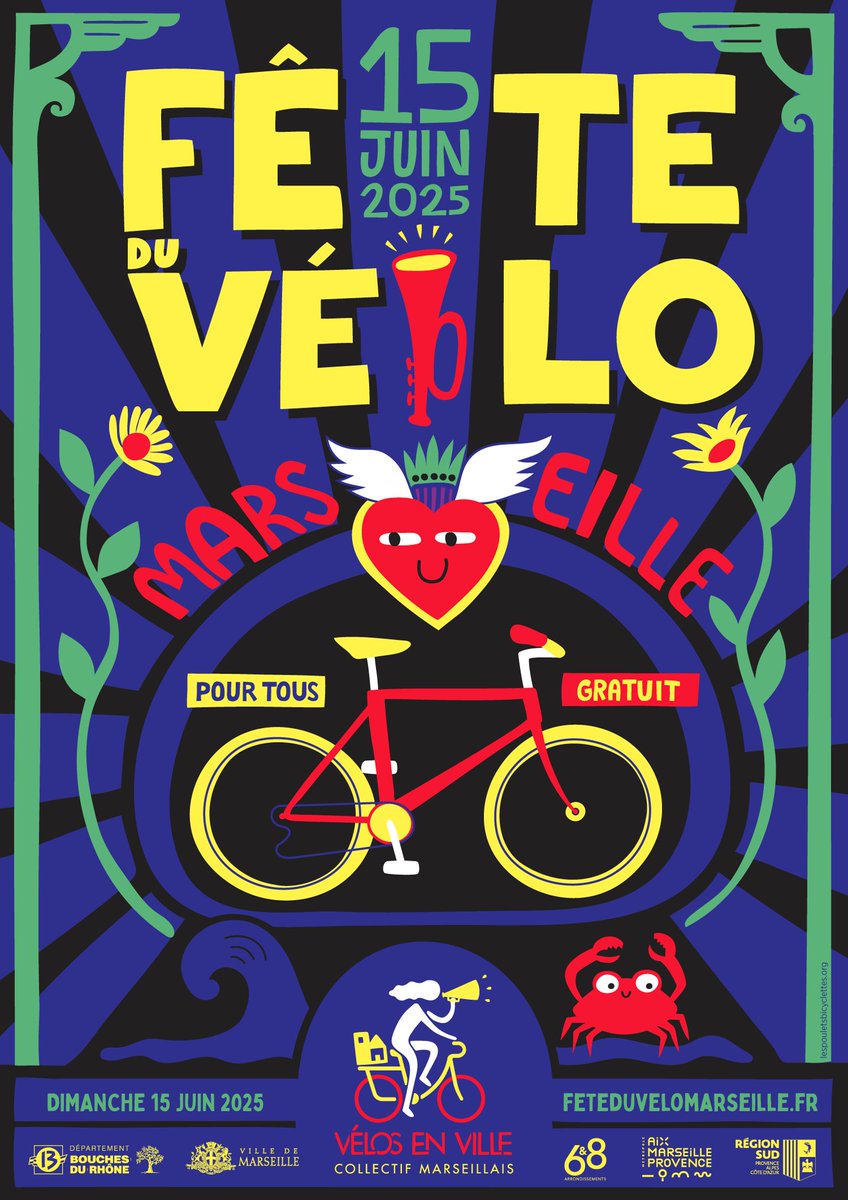 🚲 La Fête du Vélo revient à Marseille le dimanche 15 juin !
Grande parade dès 10h du Vieux-Port, animations, concerts &amp; avenue du Prado fermée aux voitures de 12h à 18h. 
Un événement festif et gratuit pour une ville plus douce 🚴‍♀️
👉 marseille.fr/sports-loisirs…