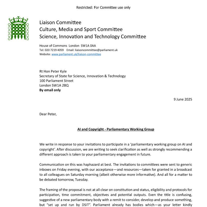 CommonsCMS's tweet photo. We have published a letter alongside @ChiOnwurah @CommonsSITC and @Meg_HillierMP @CommonsLiaison seeking clarification on @peterkyle @SciTechgovuk's intention to establish a parliamentary working group on AI and copyright.

Read the letter in full 👇