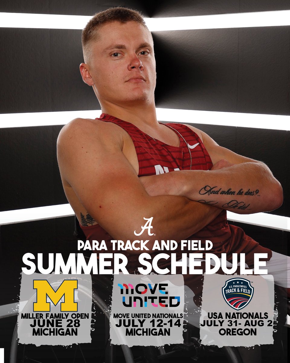 UA Adapted Athletics (@alabamaadapted) on Twitter photo 🚨SUMMER SCHEDULE🚨
📆Mark your calendars for Para Track and Field’s summer schedule. 
#RollTide | #AlabamaAdaptedAthletics 🚨SUMMER SCHEDULE🚨
📆Mark your calendars for Para Track and Field’s summer schedule. 
#RollTide | #AlabamaAdaptedAthletics