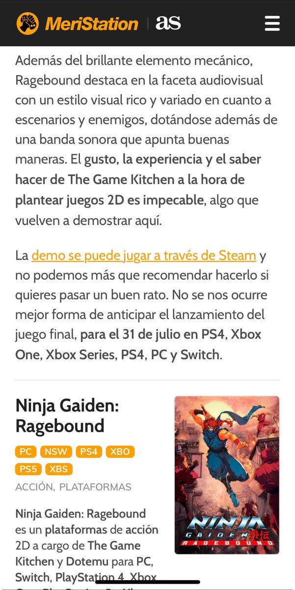 Francisco Alberto (@faserranoacosta) on Twitter photo He jugado a la demo de Ninja Gaiden: Ragebound de <a href="/TheGameKitchen/">The Game Kitchen</a> y no puedo más que recomendarla. Encarecidamente. He jugado a la demo de Ninja Gaiden: Ragebound de <a href="/TheGameKitchen/">The Game Kitchen</a> y no puedo más que recomendarla. Encarecidamente.