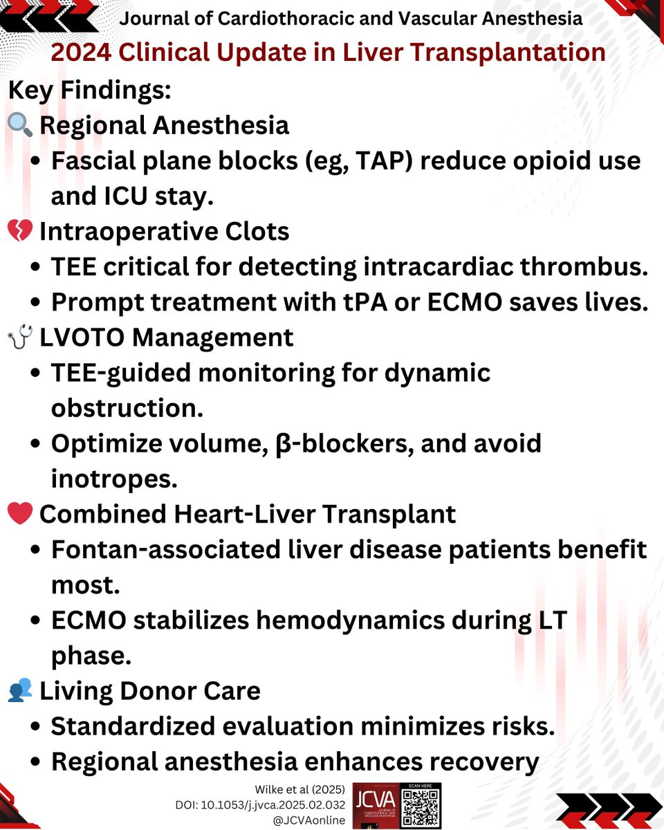2024 Clinical Update in Liver Transplantation
🔑 Key Highlights:
💉 Regional Anesthesia 
🩸 Intraoperative Clots 
❤️ LVOTO Alert 
🔄 Combined Heart-Liver Transplant 
🎯 Living Donors 
#TransplantAnesthesia
jcvaonline.com/article/S1053-…