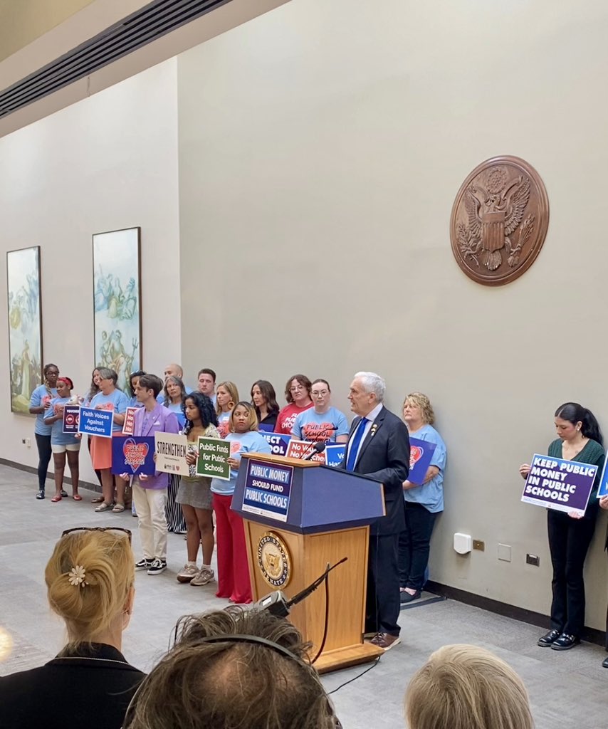 GWaples's tweet photo. Thank you to @SenSanders @maziehirono @RepLucyMcBath @RepLloydDoggett for joining this AASA press conference advocating against the scheme to squeeze a national private school voucher program into the Republican megabill. Americans DO NOT want #publicschools defunded. https://t.co/XpDE3HDq52