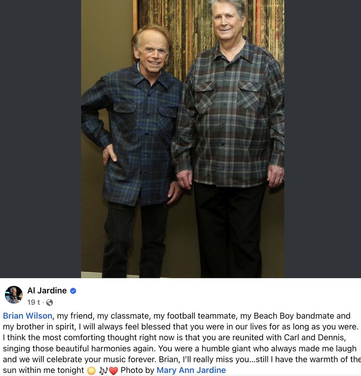 Så hjertevarmt og inderlig ekte fra Al Jardine, bandmedlem og livslang venn av avdøde Brian Wilson. ❤️