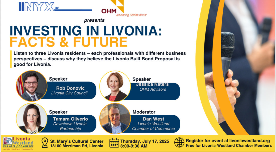 With our chamber supporting the Livonia Municipal Facilities Proposal vote on Aug. 5, we are hosting a panel discussion involving supportive Livonia residents with different business perspectives on July 17 to help our members learn more.