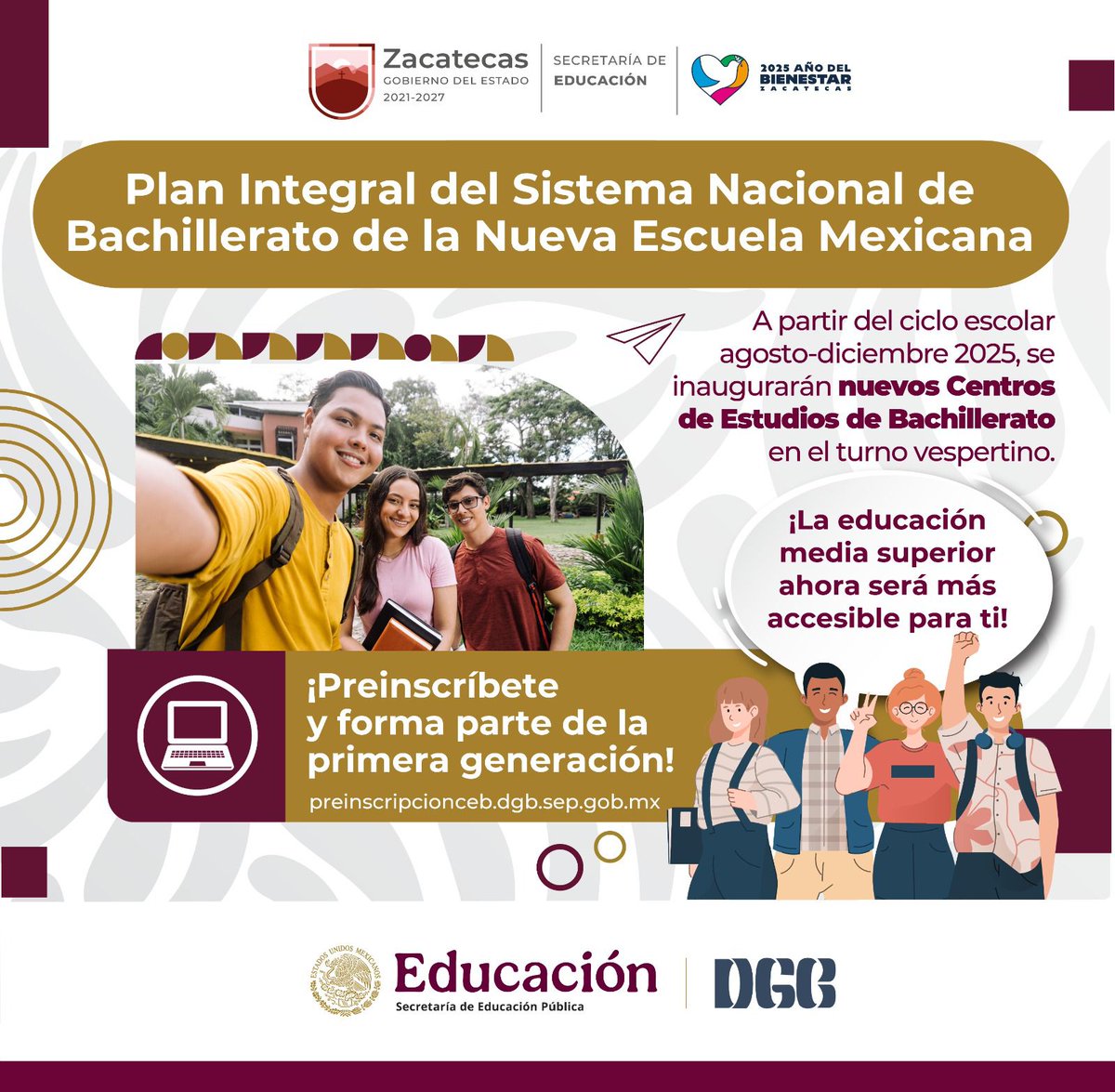 ⚠️ Atención, Zacatecas ⚠️
De agosto a diciembre de 2025 se inaugurará un nuevo Centro de Estudios de Bachillerato, en la modalidad turno vespertino, que brindará el servicio en la Secundaria Técnica 27, en la capital de Zacatecas. 
 
Preinscríbete aquí 👉preinscripcionceb.dgb.sep.gob.mx