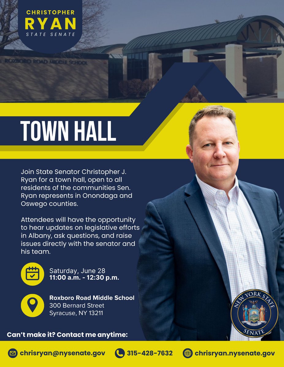 I'm hosting my first town hall on June 28 at 11:00AM at Roxboro Road Middle School. This event is open to all my constituents, where you'll hear updates on legislative efforts in Albany, ask questions, and raise issues directly with me and my team. More: nysenate.gov/newsroom/press…