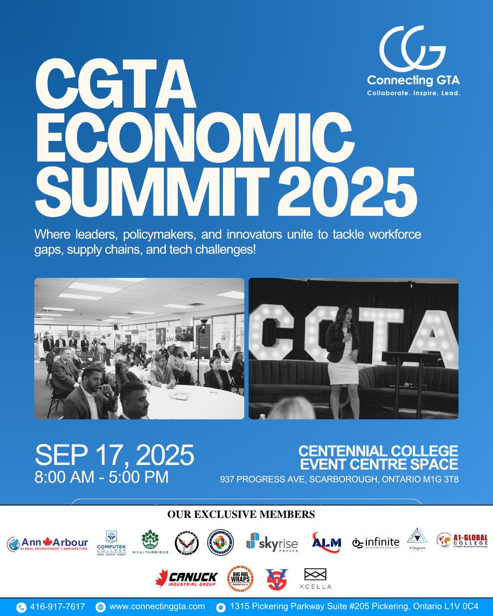 Join the Connecting GTA Economic Summit 2025 where your voice drives real change. Don't just watch Ontario's economic future unfold - HELP SHAPE IT!

Date: Sep 17, 2025
Time: 8:00 AM - 5:00 PM
Location: 937 Progress Ave, Scarborough, ON M1G 3T8
Register: cgta.club/event-5941373