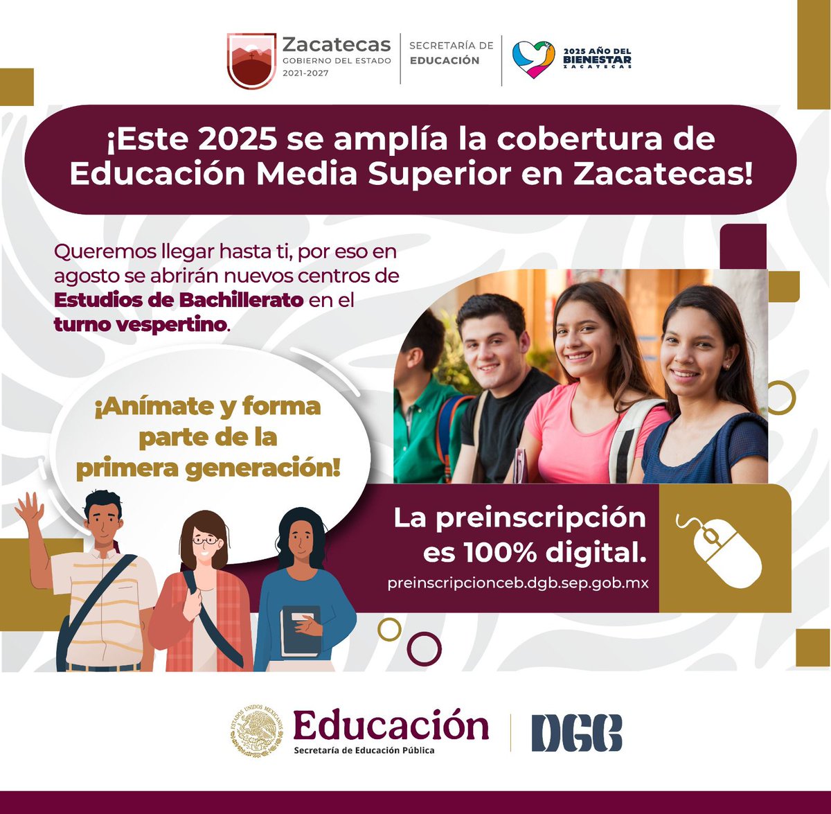 Tu educación es prioridad. Por eso en Zacatecas se abrirá un nuevo Centros de Estudios de Bachillerato más accesibles para ti. 
 
¡Sé parte de la primera generación! 📚
 
Preinscríbete con tiempo: 👉preinscripcionceb.dgb.sep.gob.mx