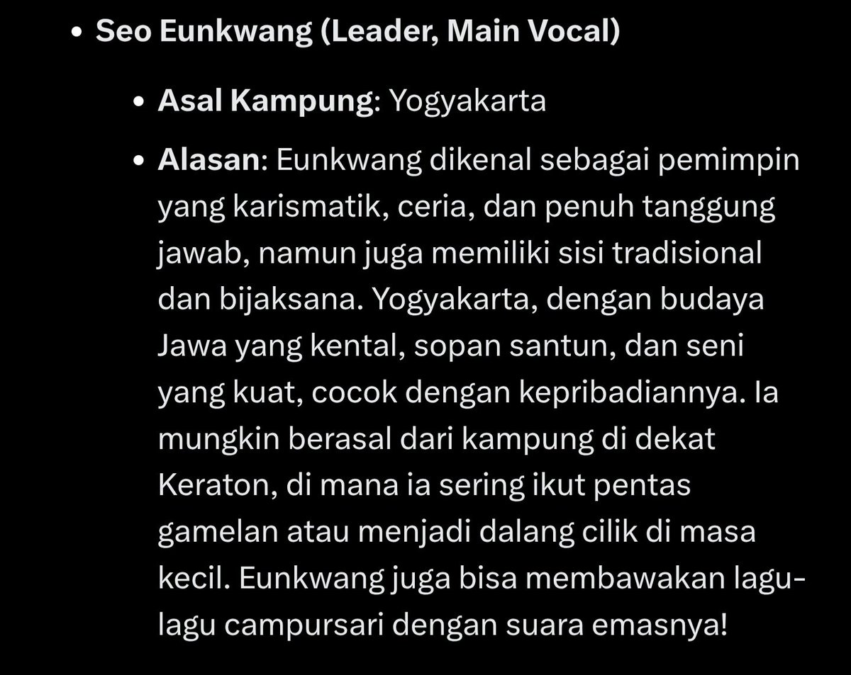 Imsunnyjae's tweet photo. Iseng nanya sama Grok
"Jika member BTOB orang Indonesia, dimanakah asal kampung masing2 member?"

Dijawab begini
EK ➡️ Yogyakarta 
MH ➡️ Dago, Bandung
CS ➡️ Solo
HS ➡️ Ubud, Bali
PN ➡️ Kemang
SJ ➡️ Malang

Mana pada cocok lagi 
Pantesan anaknya MH Atuh soalnya orang sunda 🤣 https://t.co/fNrBsmQ1J6