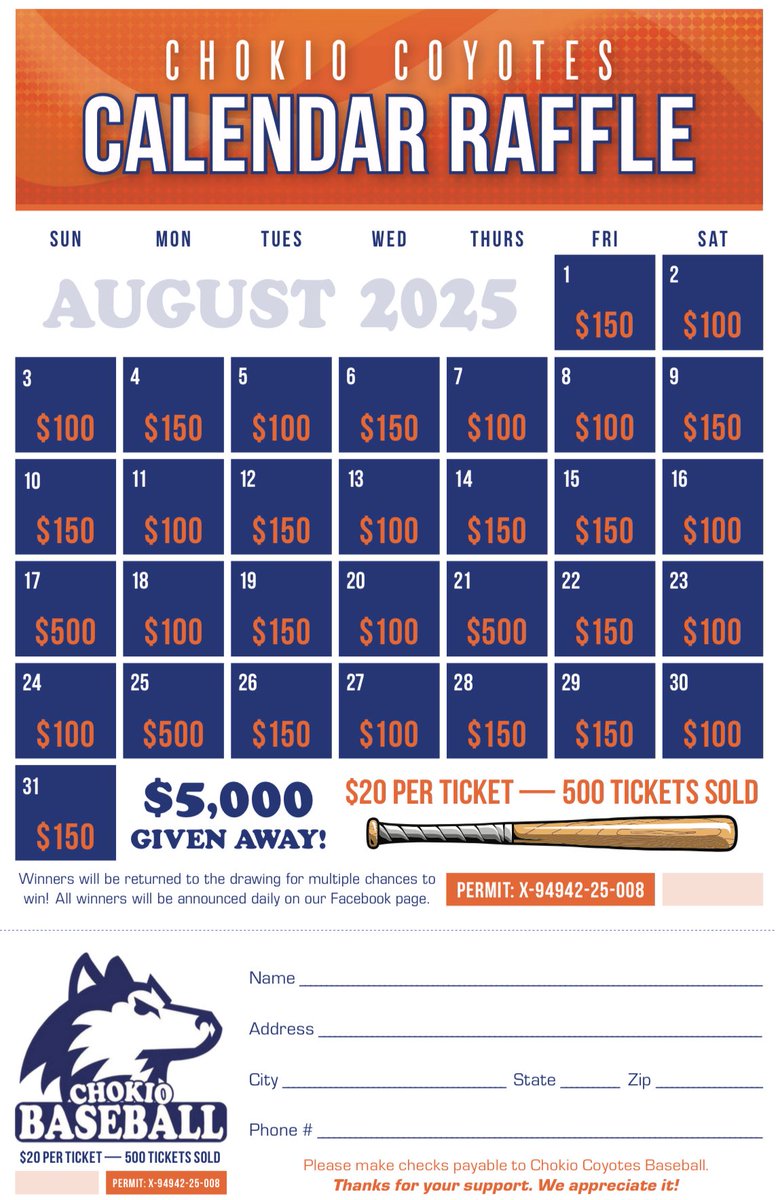 We will be having our annual calendar raffle again this year and the tickets will be around for sale all weekend. $20/tix
