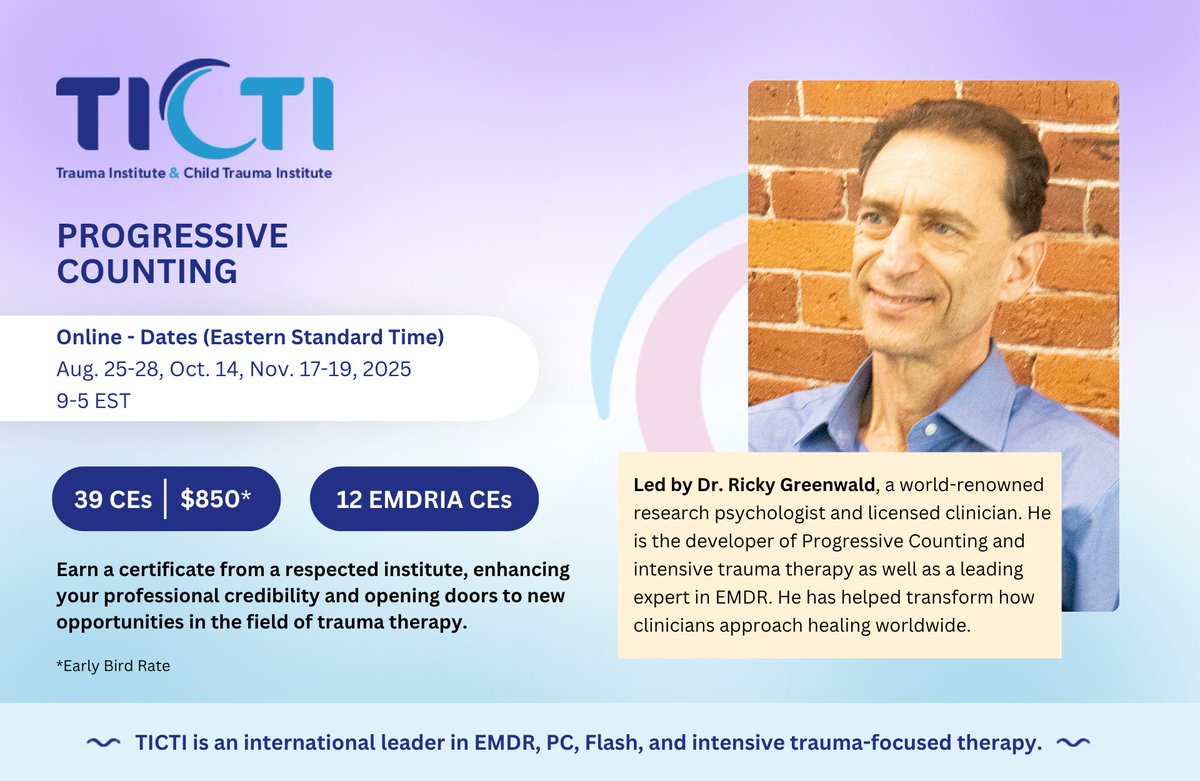 Starts August 25

This is a hands-on clinical skills training for using Progressive Counting with clients of all ages who have been exposed to significant trauma or loss.

ticti.org/training/progr…