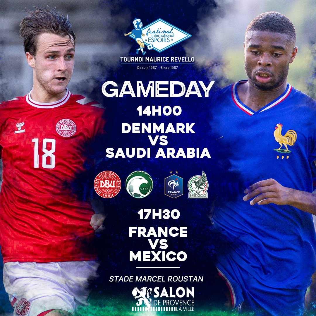 ⚽️ 𝗚𝗔𝗠𝗘𝗗𝗔𝗬

𝑺𝒆𝒎𝒊-𝒇𝒊𝒏𝒂𝒍𝒔

🕑 14h
⚔️ Denmark 🇩🇰🆚🇸🇦 Saudi Arabia
#DENKSA

🕠 17h30
⚔️ France 🇫🇷🆚🇲🇽 Mexico
#FRAMEX

🏟️ Stade Marcel Roustan (Salon-de-Provence)
🎟️ Tickets ➡️ bit.ly/3SyUUvo

#TMR2025