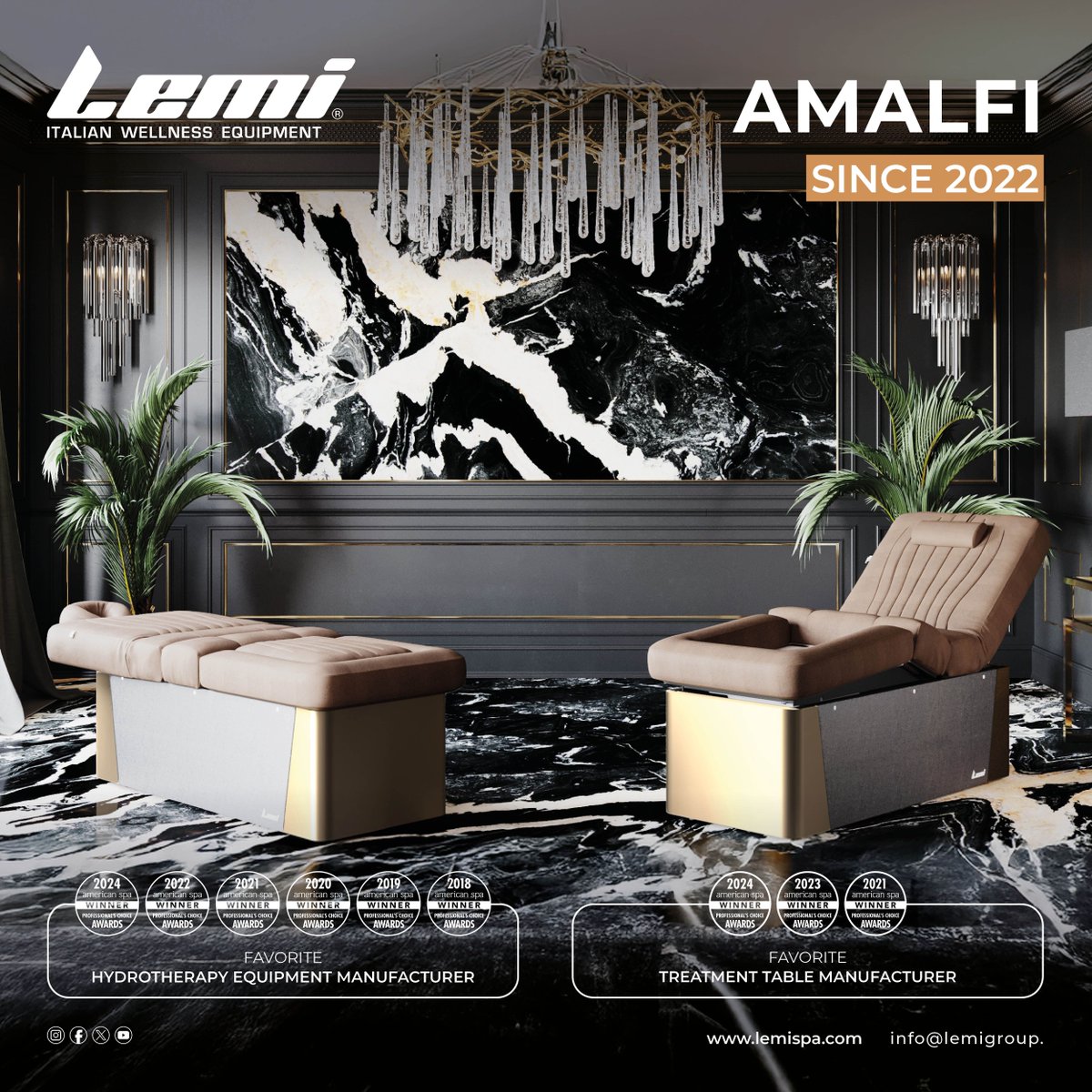 Since 2022, <a href="/LemiGroup/">Lemi</a>'s AMALFI has redefined multifunctionality in spas.
More than just a massage table, Amalfi integrates MASSAGE, PEDICURE, and HYDROTHERAPY into one solution - without ever moving your guest.
ONE TABLE. ENDLESS TREATMENTS.

lemispa.com
