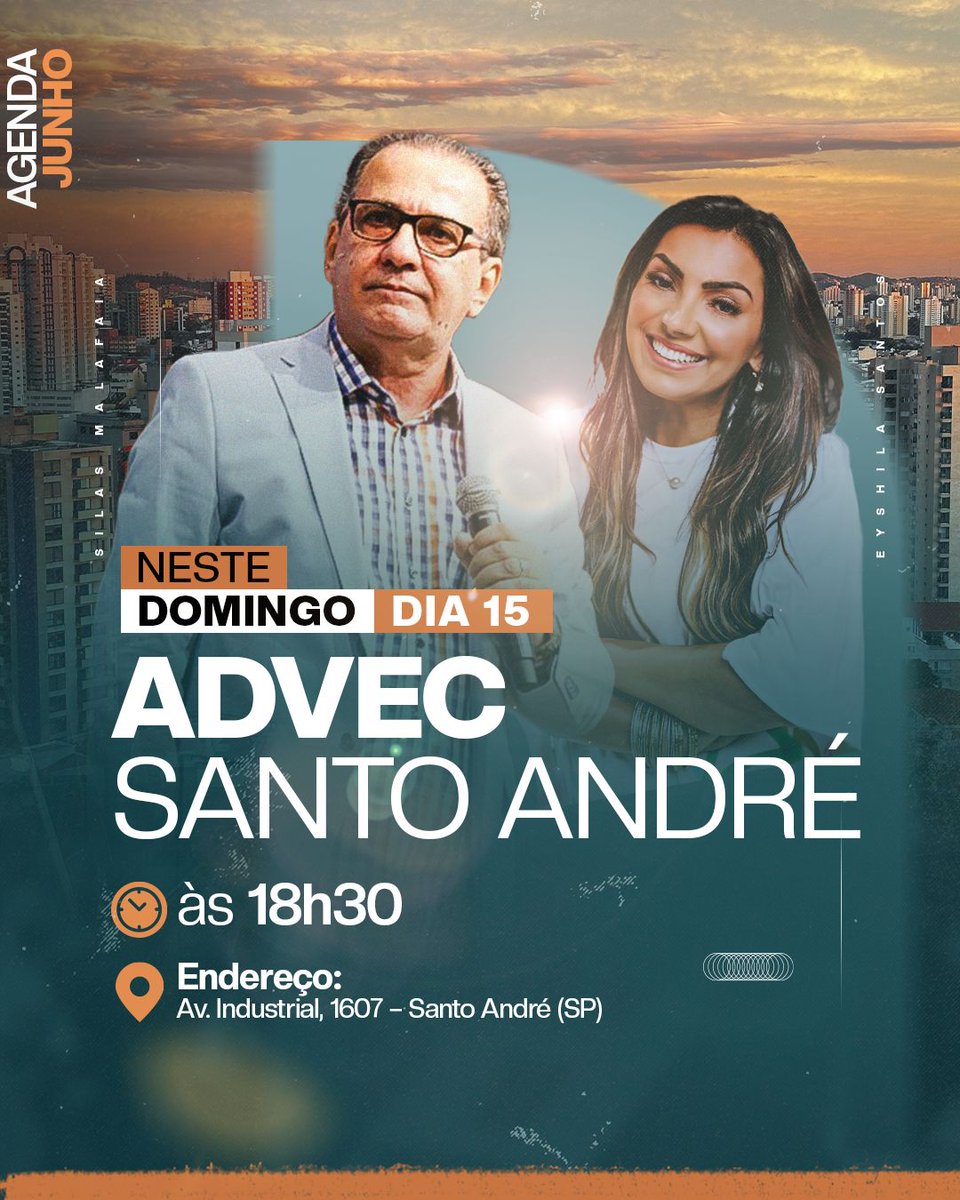Silas Malafaia (@pastormalafaia) on Twitter photo Povo abençoado de Santo André, neste domingo, dia 15, eu vou ministrar no Culto de Celebração na @advecsantoandre, às 18h30. O louvor vai ser ministrado pela Pra. <a href="/eyshila/">Евгения Лукьянова</a>. Divulgue e participe!
Endereço: Av. Industrial, 1607, Santo André (SP) Povo abençoado de Santo André, neste domingo, dia 15, eu vou ministrar no Culto de Celebração na @advecsantoandre, às 18h30. O louvor vai ser ministrado pela Pra. <a href="/eyshila/">Евгения Лукьянова</a>. Divulgue e participe!
Endereço: Av. Industrial, 1607, Santo André (SP)