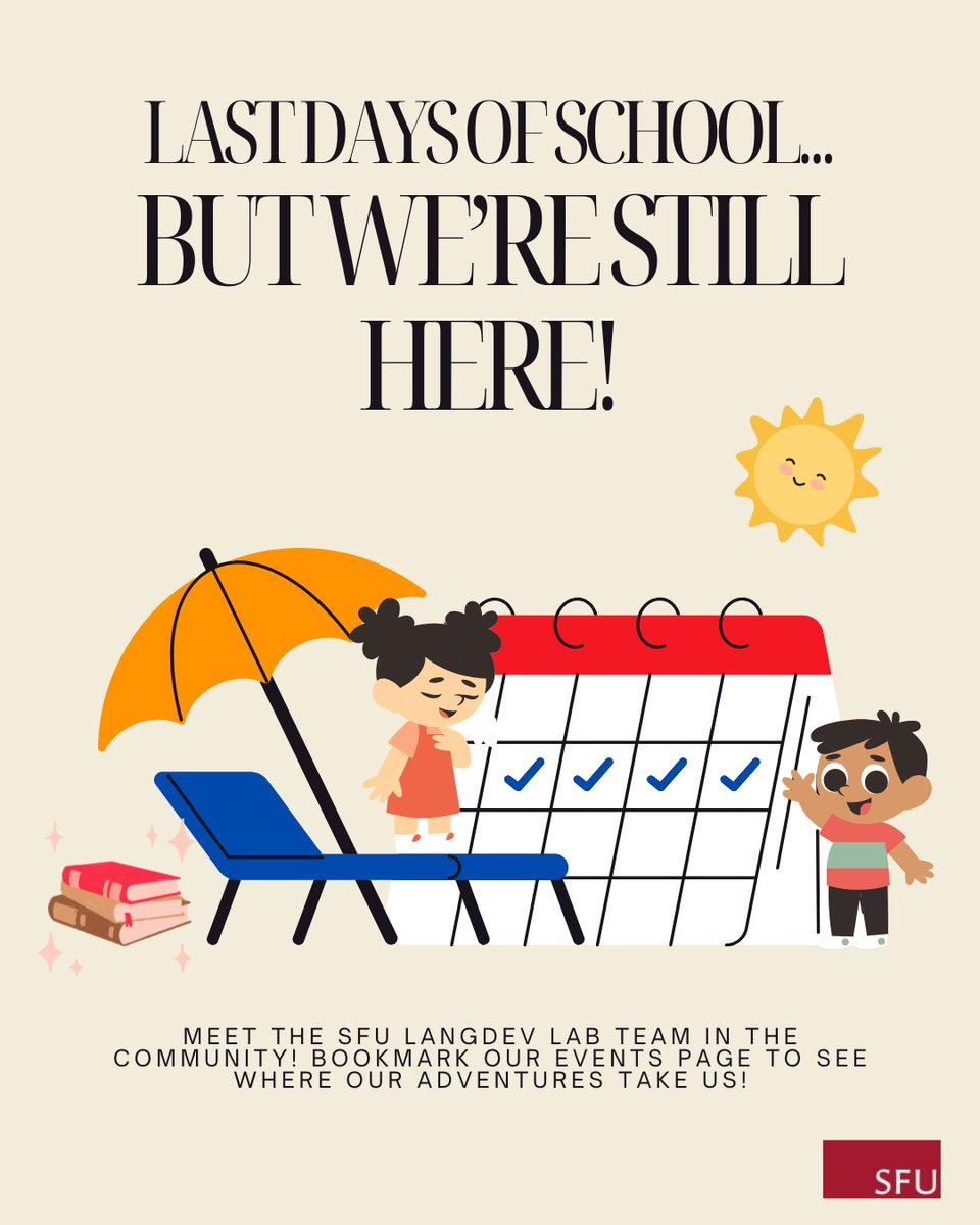 🌞The last days of school before summer vacation may be upon us, but we are still out and about in the communities speaking with parents about infant language development! 

Bookmark our Events page and see what we're up to!
sfu.ca/child-research…