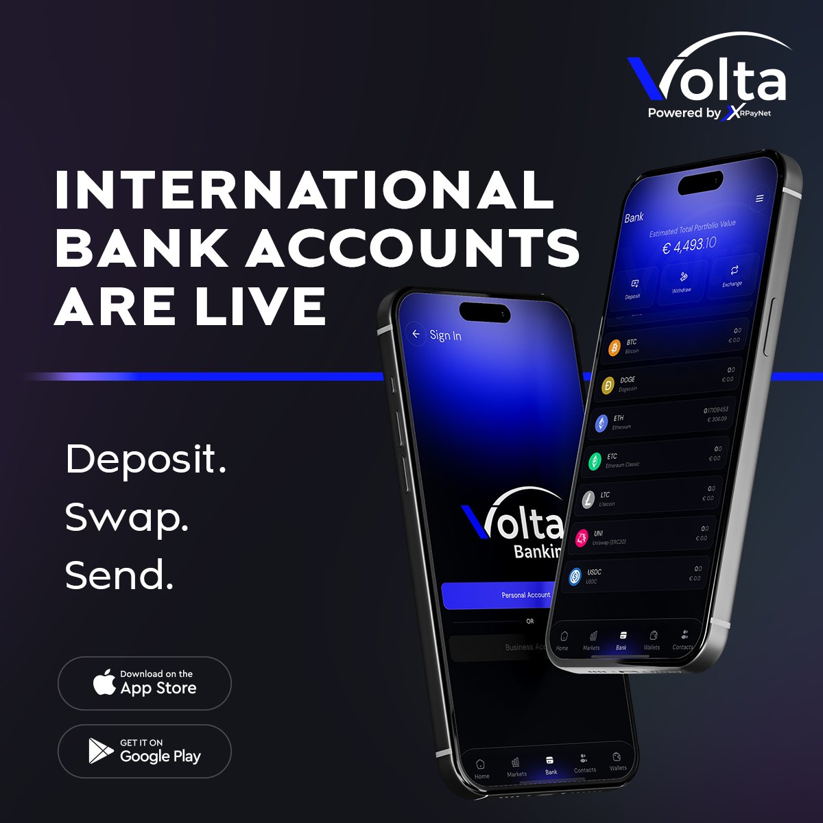 🌍 International Bank Accounts are officially LIVE in the Volta App!

Buy and Sell Crypto!
Deposit. Swap. Send. All from one powerful dashboard. Volta supports USD, EUR, GBP, AUD, CAD, and over 30 other currencies, as well as more than 5 million tokens across 15 blockchains.