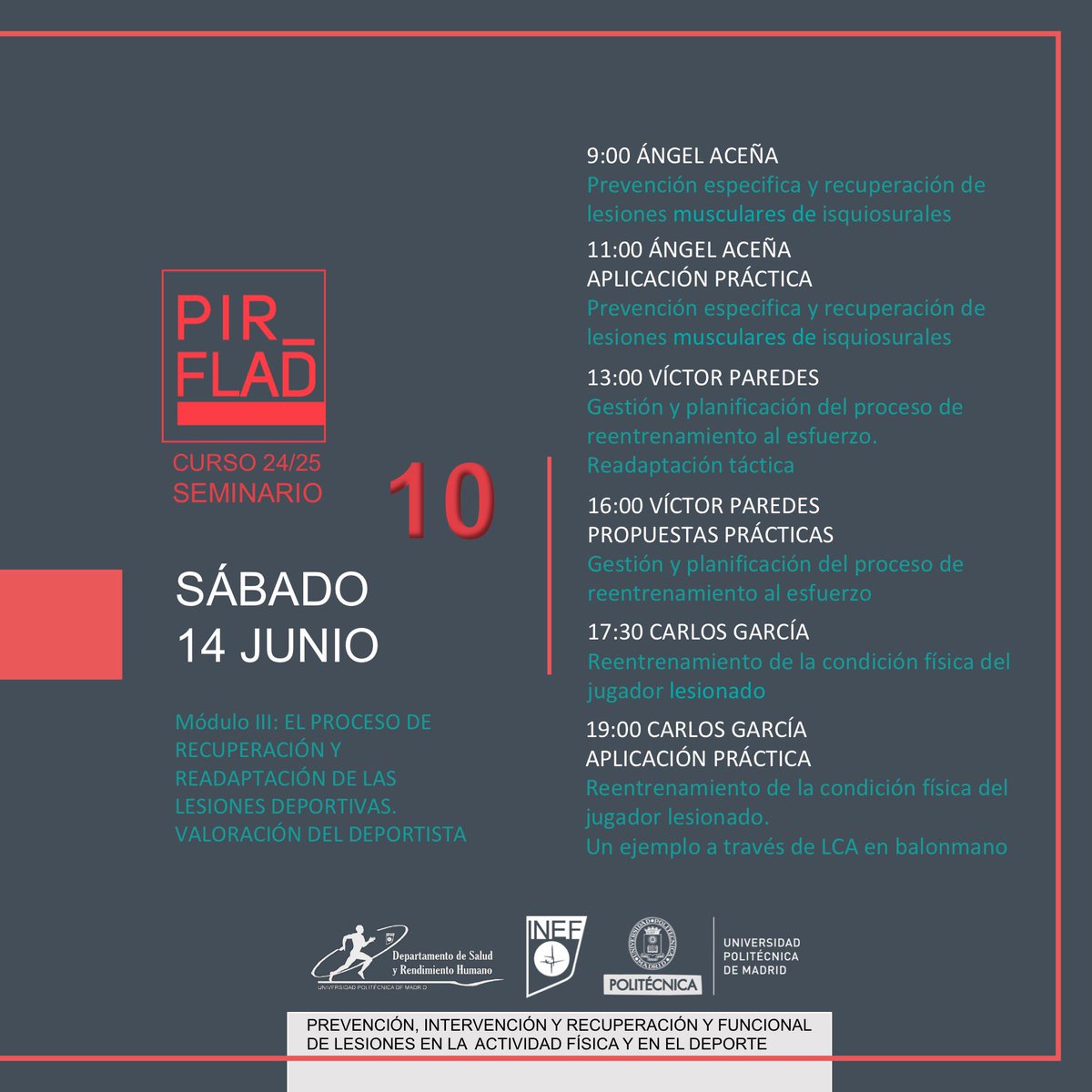LESIONES INEF UPM (@lesiones_inef) on Twitter photo 📢 Este viernes arrancamos el 10º encuentro #PIRFLADXVI.
En esta jornada nos acompañarán:
Sebastián Truyols <a href="/Fisioglobal_SM/">Fisioglobal</a>
Ángel Aceña <a href="/acea_ngel/">Ángel Aceña Rodriguez</a>
Víctor Paredes
Carlos García <a href="/CarlosGarcia_pf/">Carlos García Sánchez</a>
Con este cartel, despedimos este magnífico Curso #PIRFLAD
<a href="/inefmadrid/">FCCAFyD (INEF). UPM</a> <a href="/La_UPM/">Universidad Politécnica de Madrid</a> 👏💪 📢 Este viernes arrancamos el 10º encuentro #PIRFLADXVI.
En esta jornada nos acompañarán:
Sebastián Truyols <a href="/Fisioglobal_SM/">Fisioglobal</a>
Ángel Aceña <a href="/acea_ngel/">Ángel Aceña Rodriguez</a>
Víctor Paredes
Carlos García <a href="/CarlosGarcia_pf/">Carlos García Sánchez</a>
Con este cartel, despedimos este magnífico Curso #PIRFLAD
<a href="/inefmadrid/">FCCAFyD (INEF). UPM</a> <a href="/La_UPM/">Universidad Politécnica de Madrid</a> 👏💪