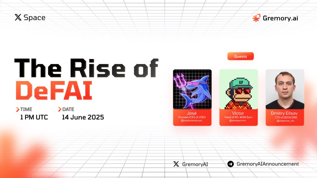 Twitter Space Alert 📢
Topic: The Rise of DeFAI

Join us for a deep dive into how AI agents are reshaping liquidity, execution, and capital efficiency in DeFi.

🎤 Panelists:

- <a href="/josebetandcourt/">josé.vdex</a> – Founder &amp; CEO, <a href="/0xVDEX/">VDEX</a> 

- <a href="/Wowearnvm/">Victor l Wow Earn</a> – Head of BD, <a href="/WOWEARNENG/">WOW EARN</a> 

- <a href="/oqtacore_cto/">Dmitry Elisov</a> –