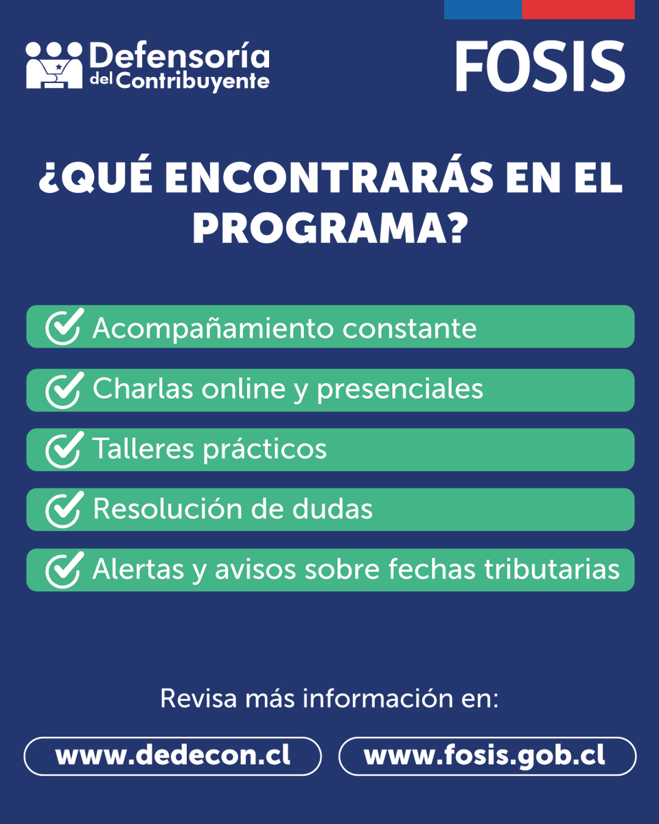 El programa “Emprendo Contigo” de la Defensoría del Contribuyente acompaña a personas emprendedoiras en el proceso de formalización de su negocio.

Revisa más información e inscríbete en 👉 [fosis.gob.cl]