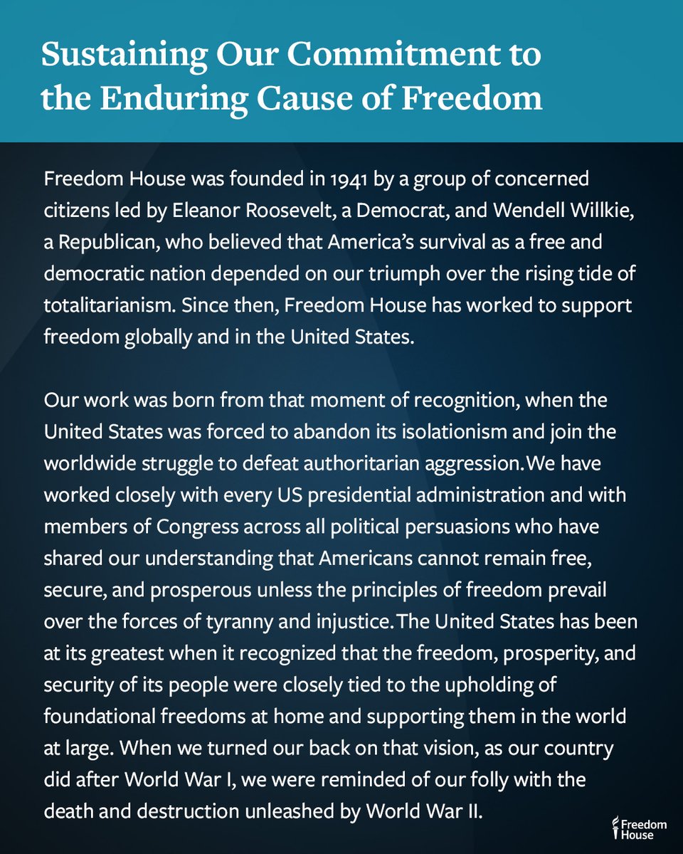 freedomhouse's tweet image. A message from the Freedom House Board of Trustees: Sustaining Our Commitment to the Enduring Cause of Freedom⬇️
freedomhouse.org/article/sustai…